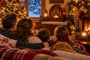 Family Listening to Americana Christmas Music on a Vintage Radio