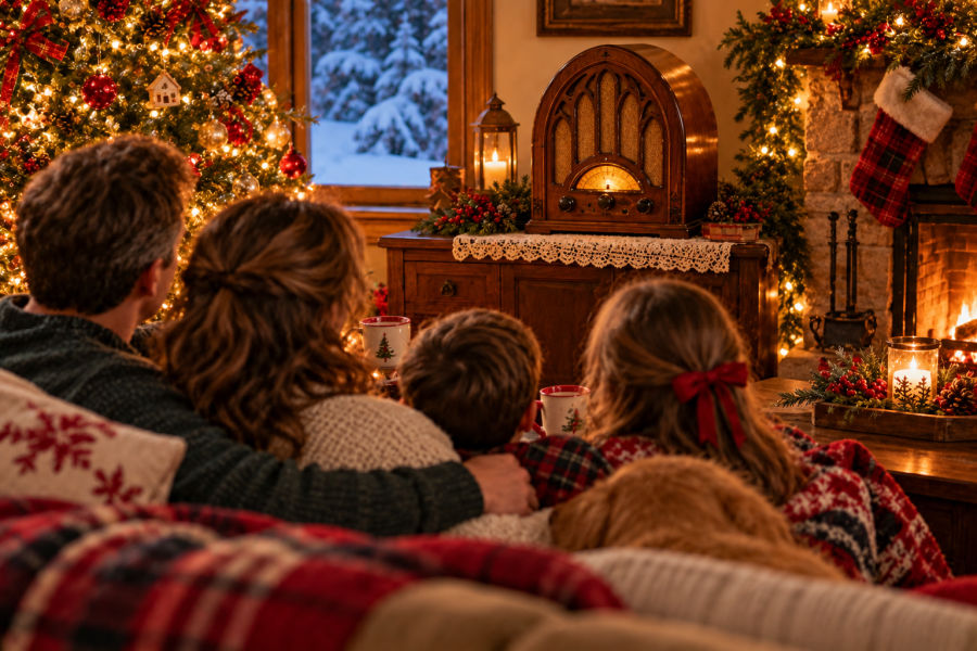 Family Listening to Americana Christmas Music on a Vintage Radio Family Listening to Americana Christmas Music on a Vintage Radio